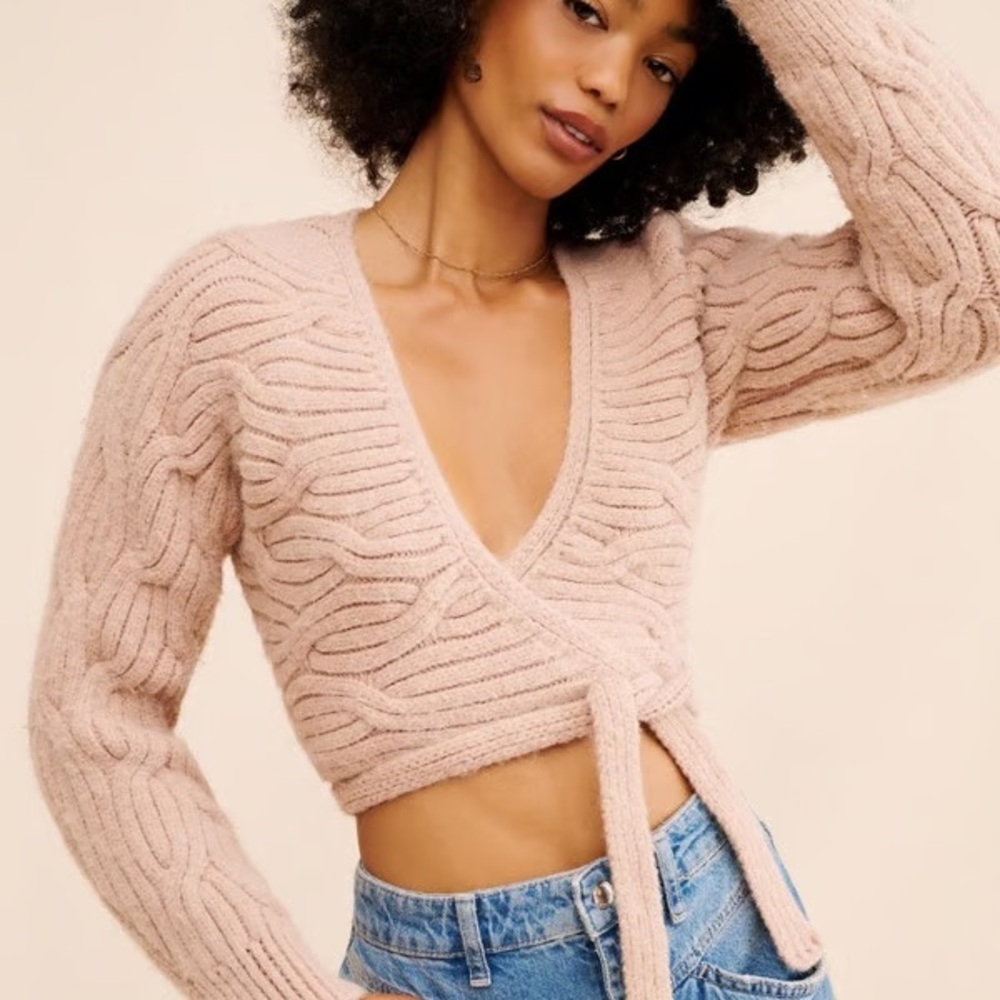 Bishop + Young Cable Knit Wrap Sweater Blush Pink Size S